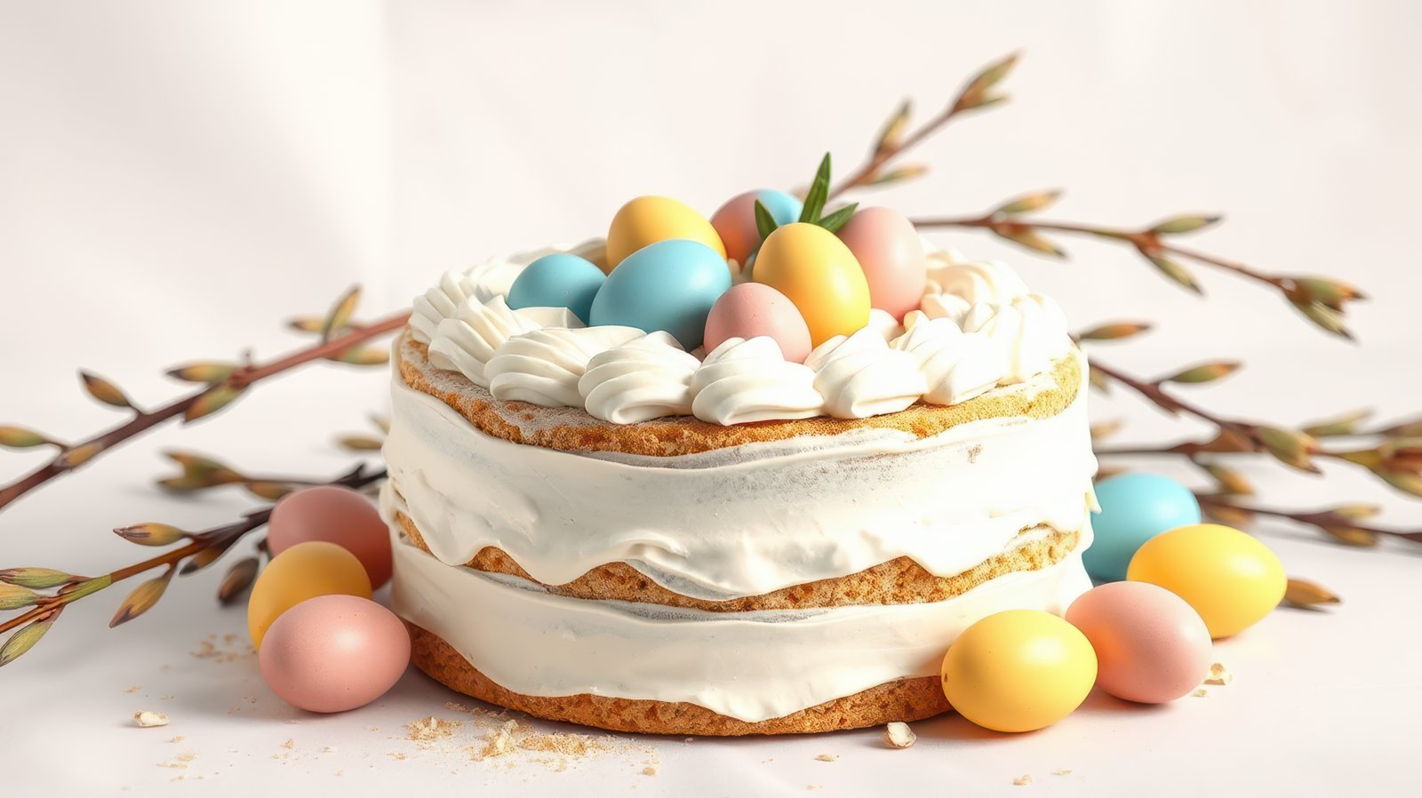 Festive cake decorated with pastel eggs and spring branches for seasonal celebrations